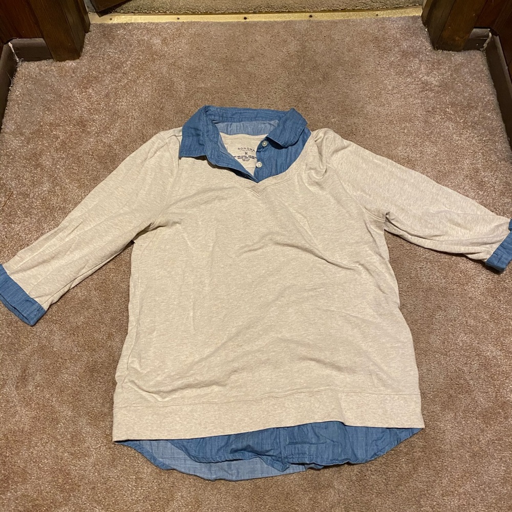 Cream Sweater with Chambray Layered Look